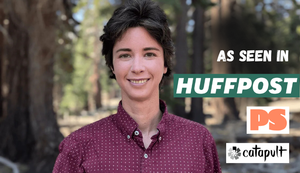 Photo of Rey, a white nonbinary person, with the text "as seen in HuffPost, PS, Catapult"