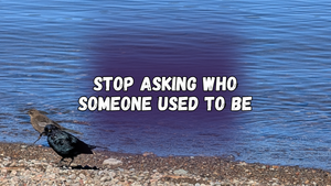 Stop asking who someone used to be, with two Brewer's blackbirds walking along the gravelly edge of a lake